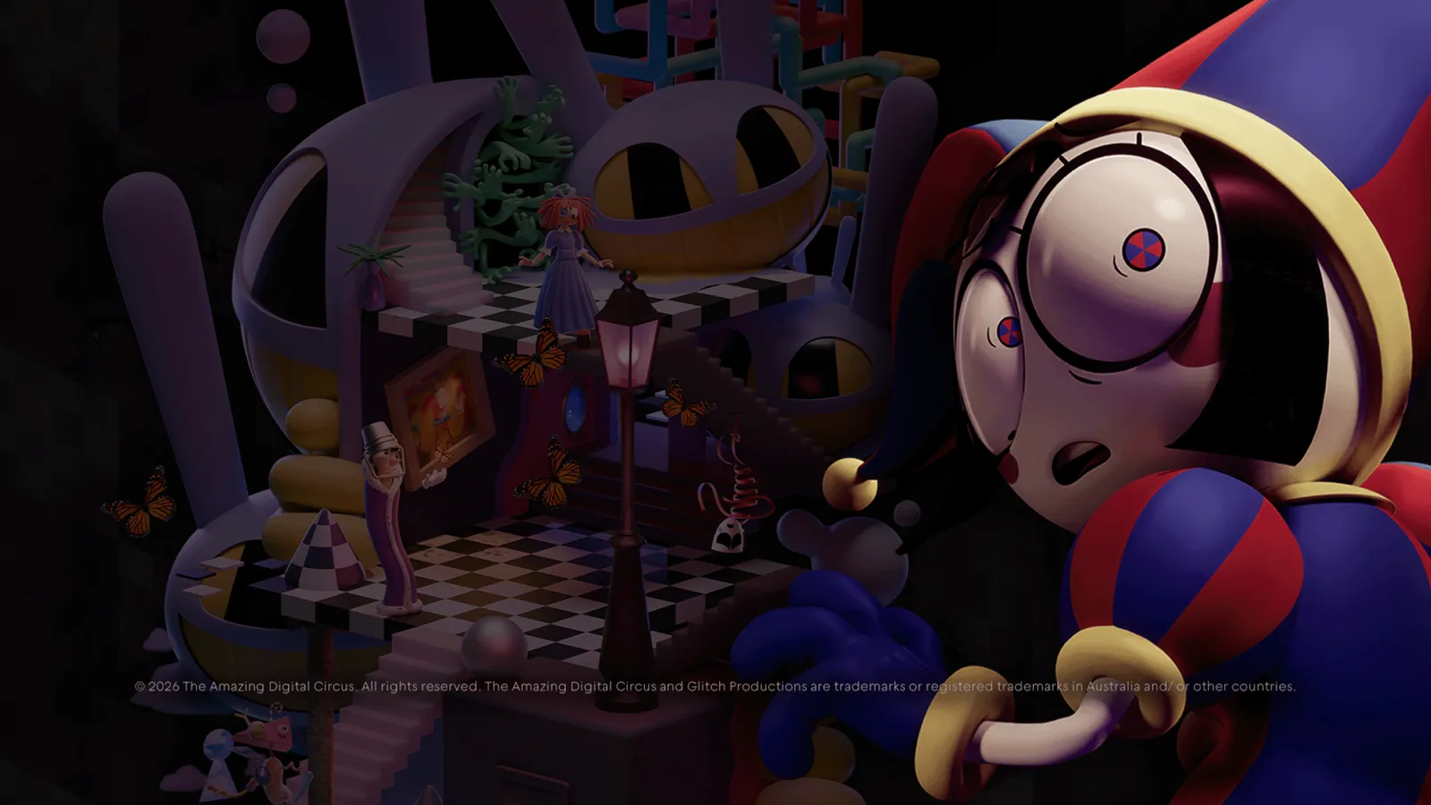 The Amazing Digital Circus: The Last Act — key art banner featuring Pomni, Caine, Jax, Ragatha, and Gangle